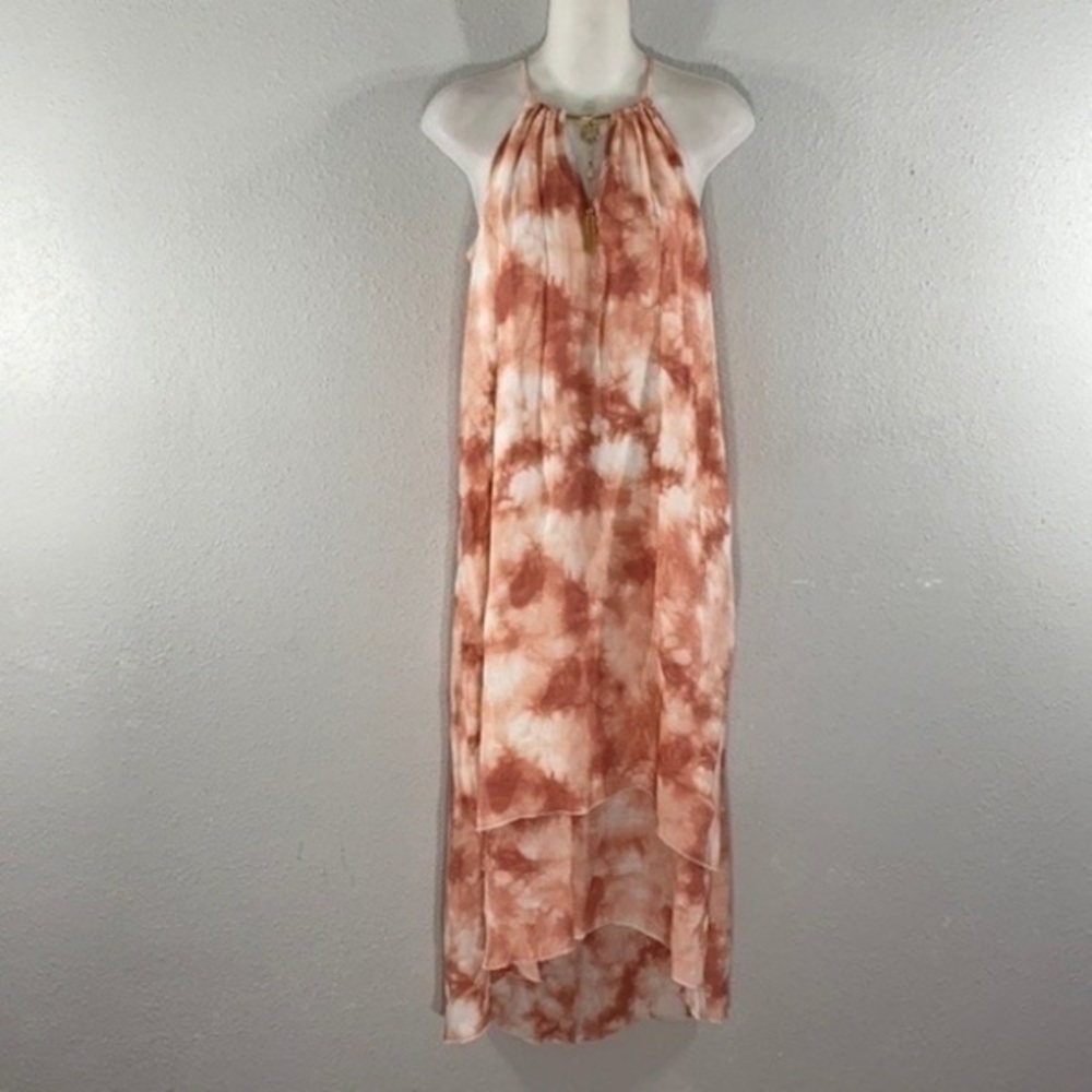 Mlle Gabrielle Rust and Cream Tie-Dye High-Low Halter Maxi Dress